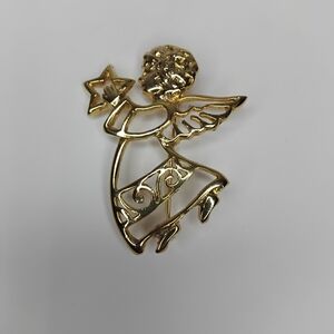 Gold Tone Angel Pin Brooch - Star Holding Cherub